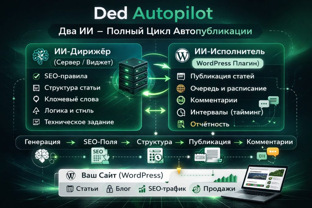 d35c2999-8188-4999-865b-664eccb9e2ce Ded Autopilot — архитектура работы двух ИИ: сервер-дирижёр и WordPress плагин
