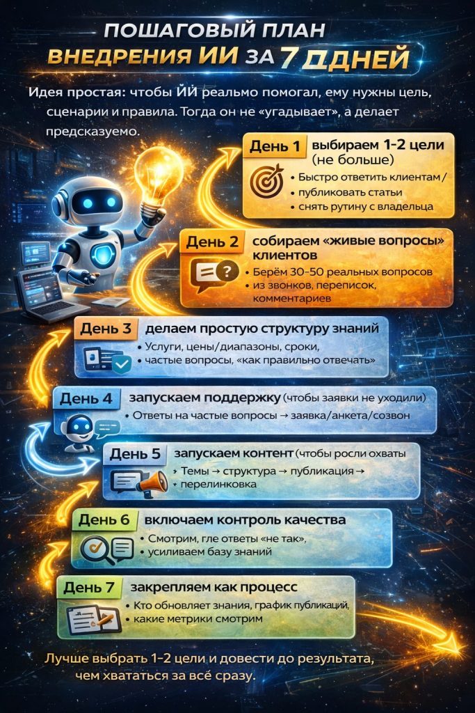 План внедрения нейросети для бизнеса за 7 дней: шаги от цели и анкеты до запуска контента и рекламы