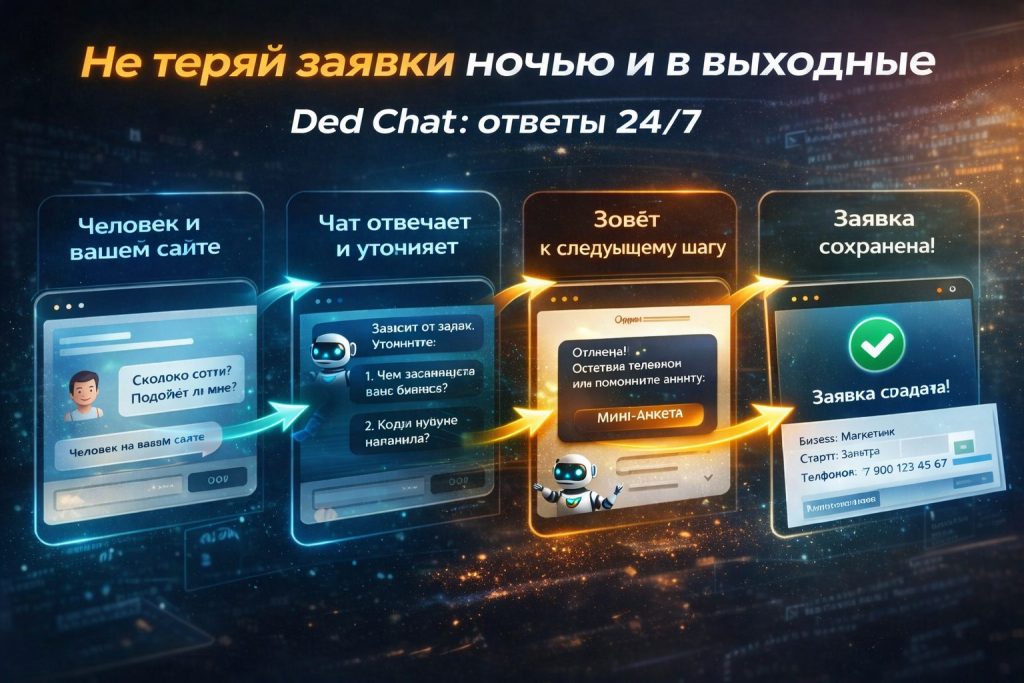 Ded Chat — ИИ-ассистент на сайте: отвечает клиентам 24/7, уточняет вопросы и помогает не терять заявки