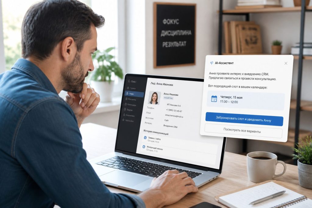 AI‑помощник предлагает слот в календаре и создаёт лид в CRM