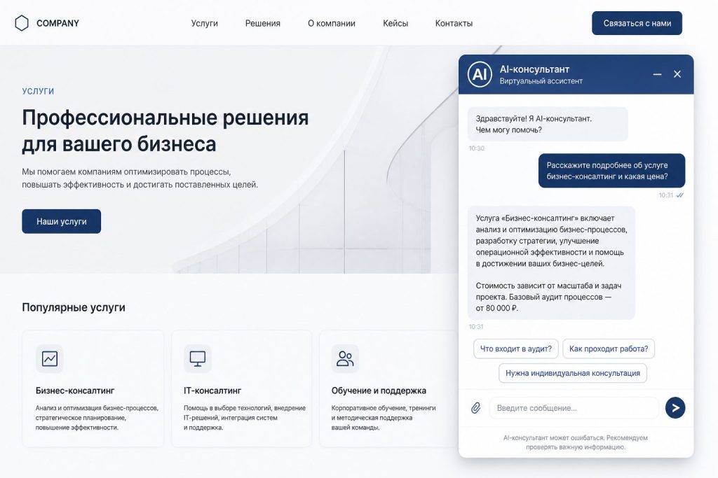 AI-консультант отвечает на вопрос о услугах и ценах