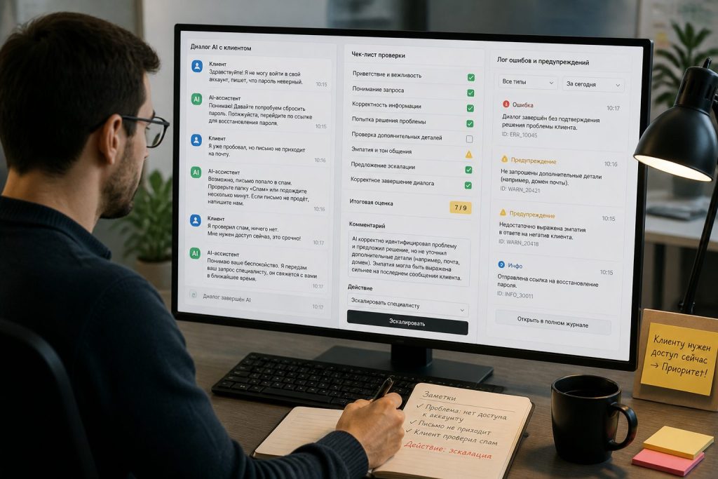 сотрудник проверяет диалог AI с клиентом и делает эскалацию