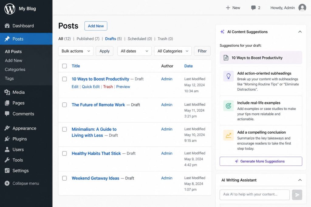 WordPress черновики с AI-подсказками для автопубликации