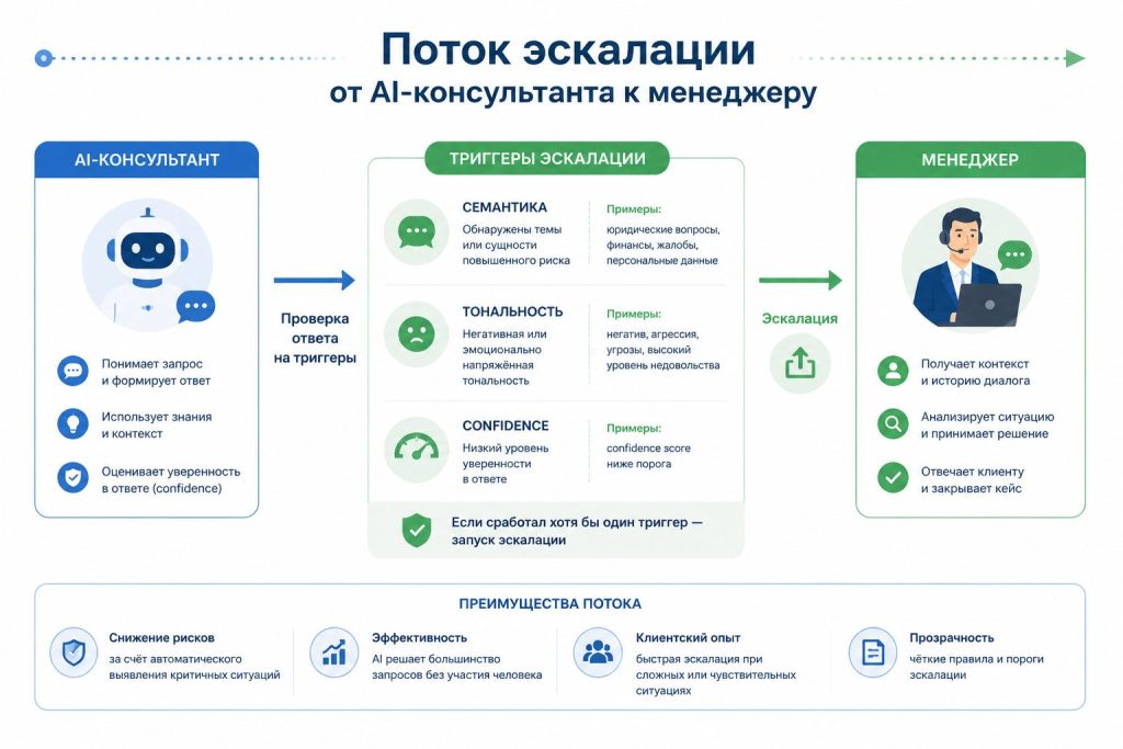 поток эскалации AI‑консультанта к менеджеру с триггерами