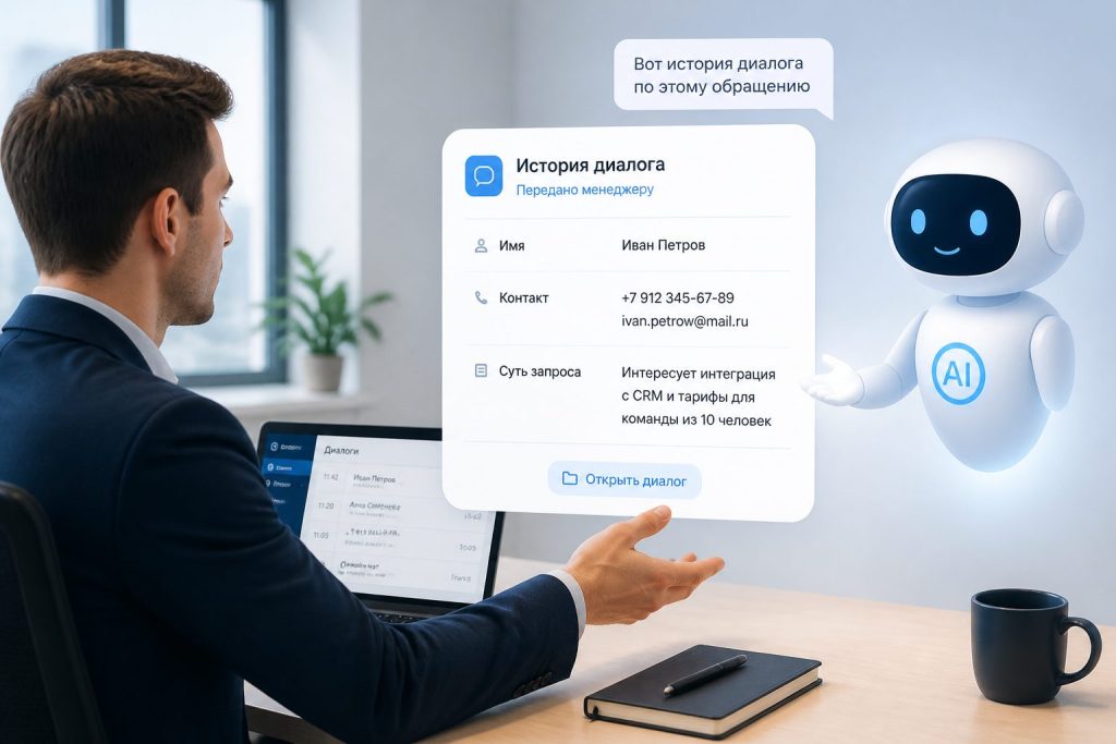 Карточка заявки от AI‑ассистента с историей диалога
