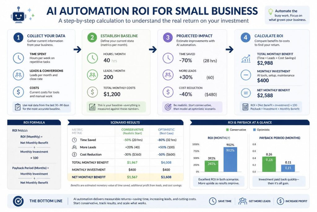 инфографика оценка эффекта AI-автоматизации: ROI, время, заявки