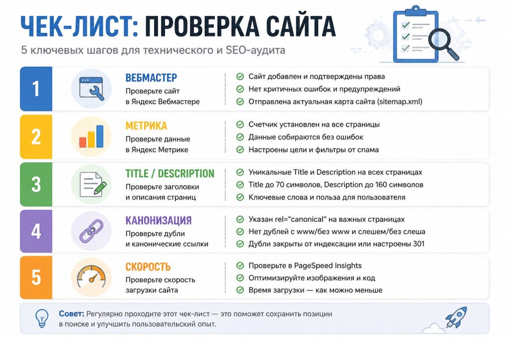 Чеклист проверки SEO: Вебмастер, Метрика, Title и Canonical