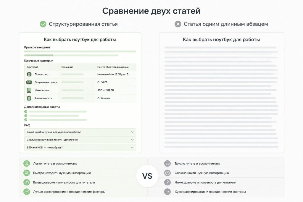 Сравнение форматов контента: таблица и FAQ против длинного абзаца