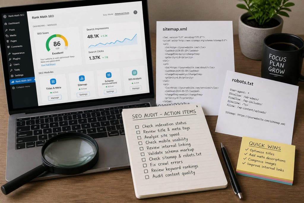 Чек‑лист SEO-аудита: Rank Math, sitemap, robots.txt