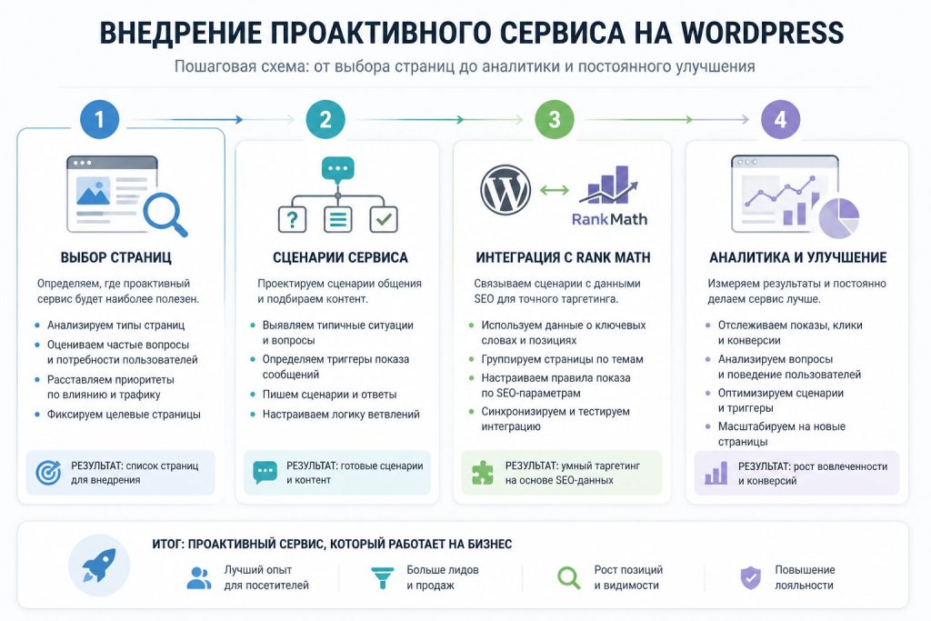 Инфографика внедрения проактивного сервиса на WordPress с Rank Math