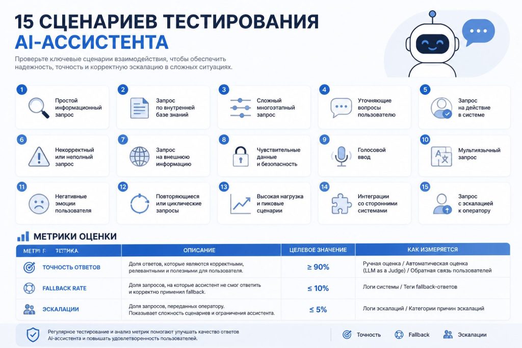 Инфографика 15 сценариев для проверки AI-ассистента на сайте