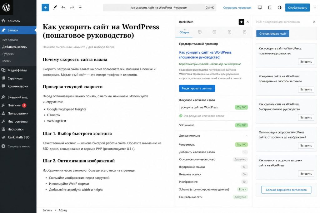 Черновик в WordPress с заполненными полями Rank Math на основе AI-подсказок