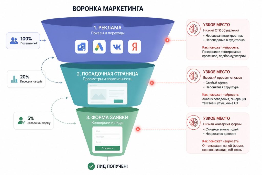 Схема воронки реклама-страница-форма с отмеченными узкими местами