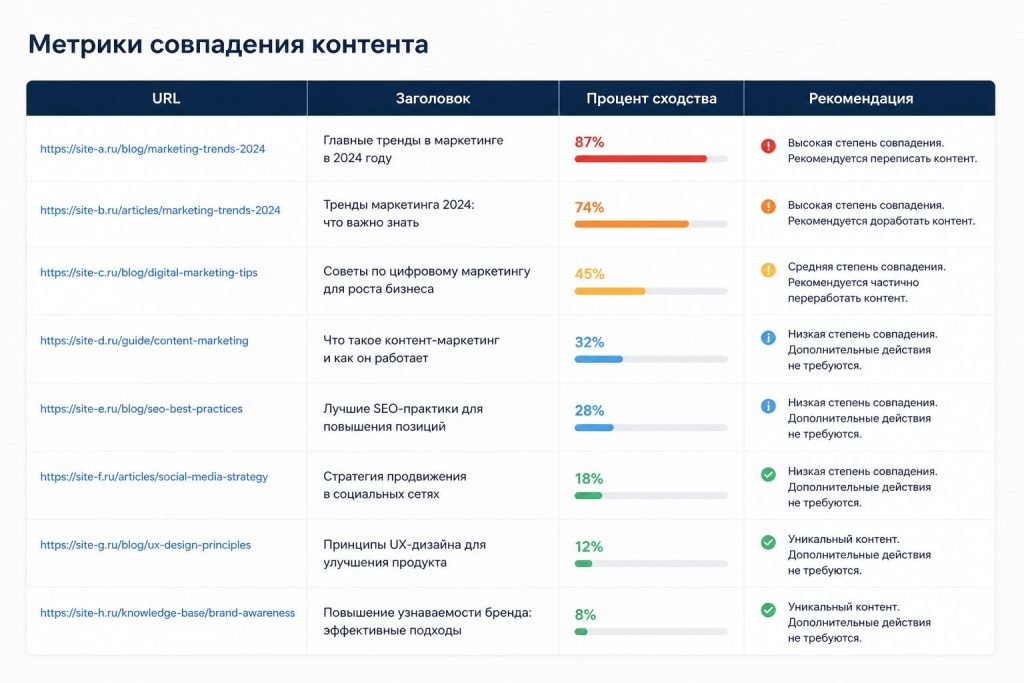 Таблица метрик совпадения статей по каннибализации