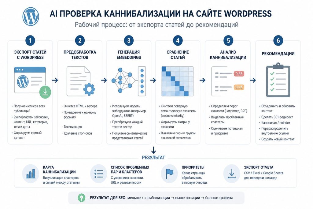 AI обнаружение каннибализации: схема сравнения статей для WordPress