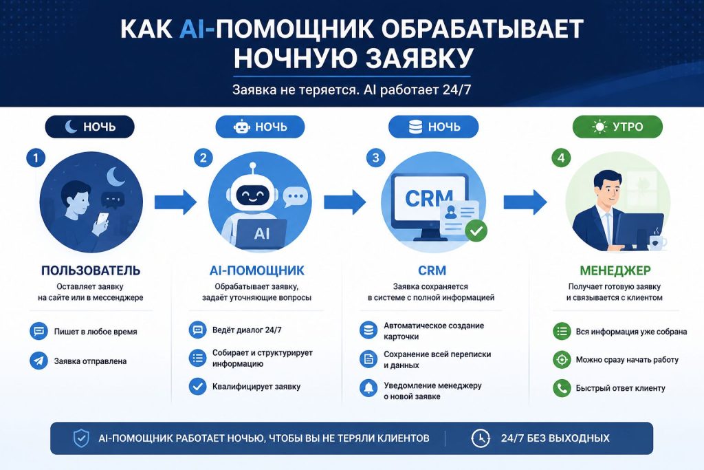 инфографика процесса обработки ночной заявки AI-ассистентом