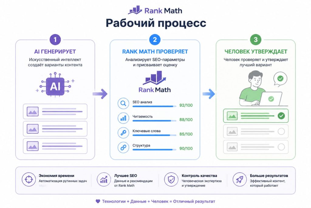 Инфографика процесса: AI генерирует, Rank Math проверяет, человек утверждает