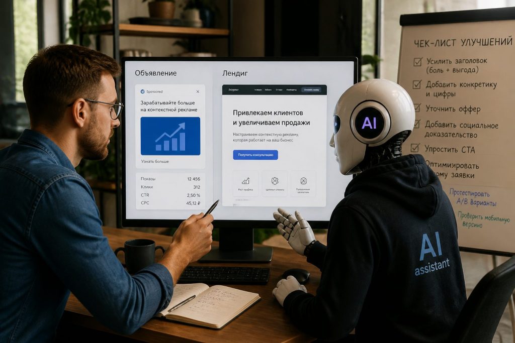 Маркетолог с AI‑ассистентом анализирует лендинг и рекламу