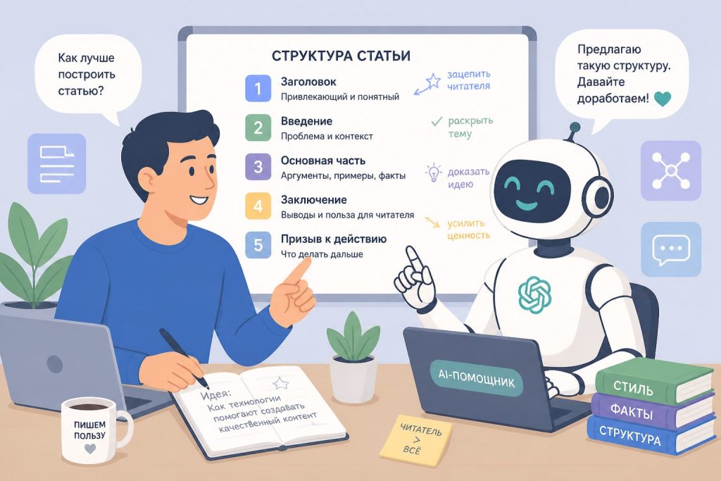 Редактор и AI-помощник обсуждают структуру статьи для клиентов