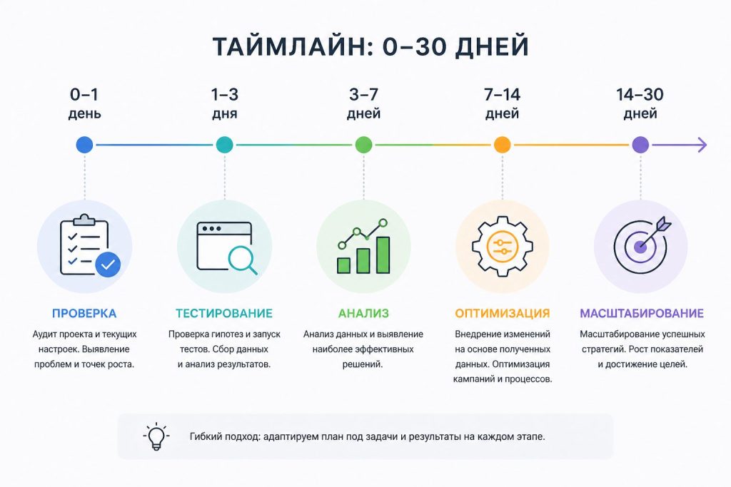 Таймлайн анализа рекламной кампании 0-30 дней — когда смотреть результаты рекламы