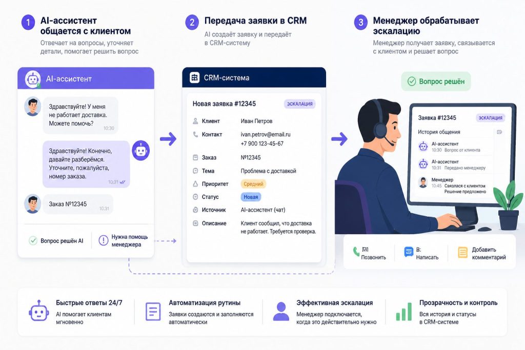AI-ассистент принимает заявку и передаёт в CRM