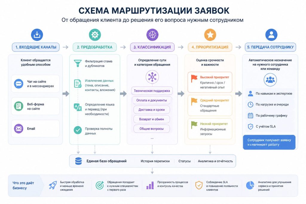 Инфографика: маршрутизация заявок ИИ по приоритету и компетенциям
