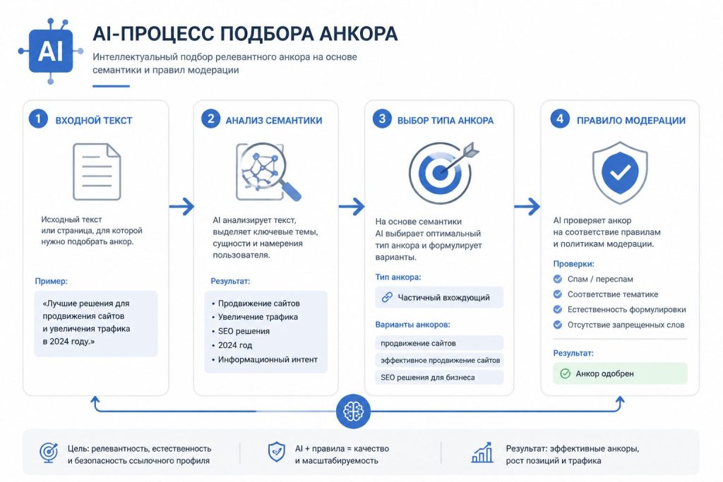 Инфографика процесса как AI выбирает анкор для внутренней ссылки