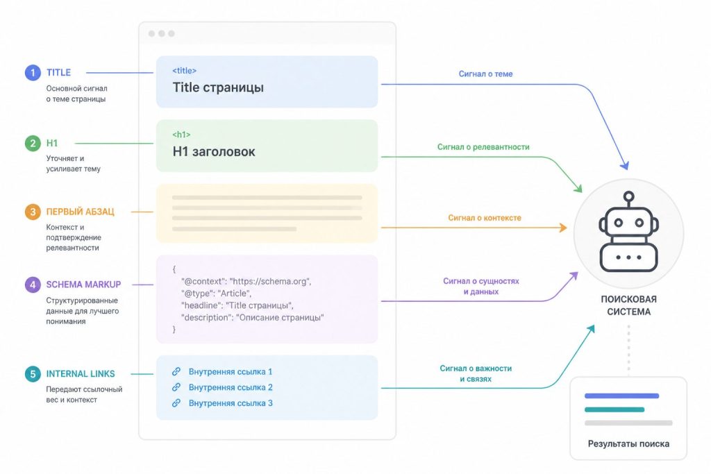 Графическая схема: title, H1, первый абзац и schema помогают Яндексу понять тему страницы