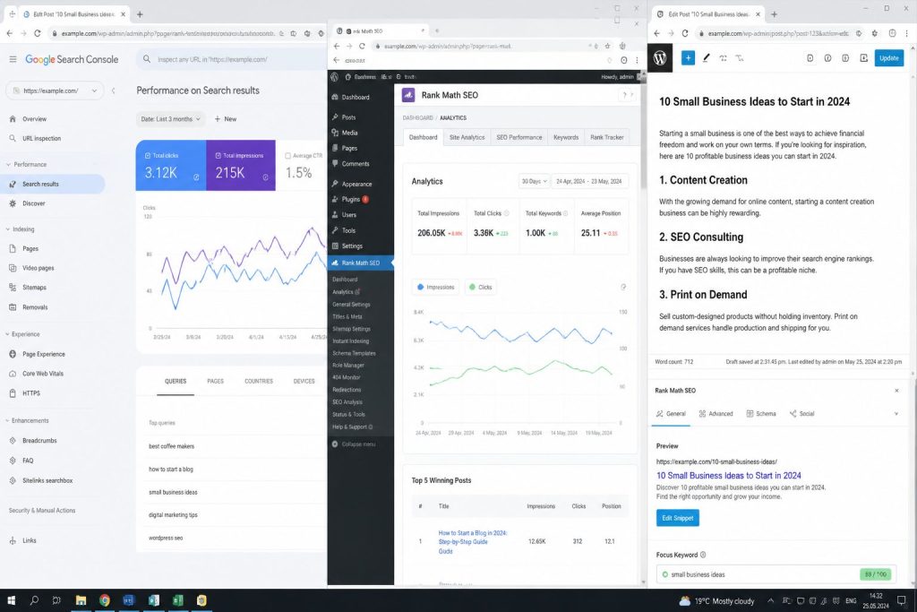 Рабочая панель Google Search Console и Rank Math для проверки статьи