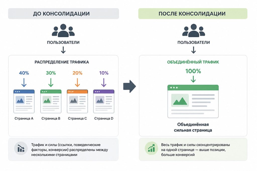 диаграмма консолидации контента в одну главную статью