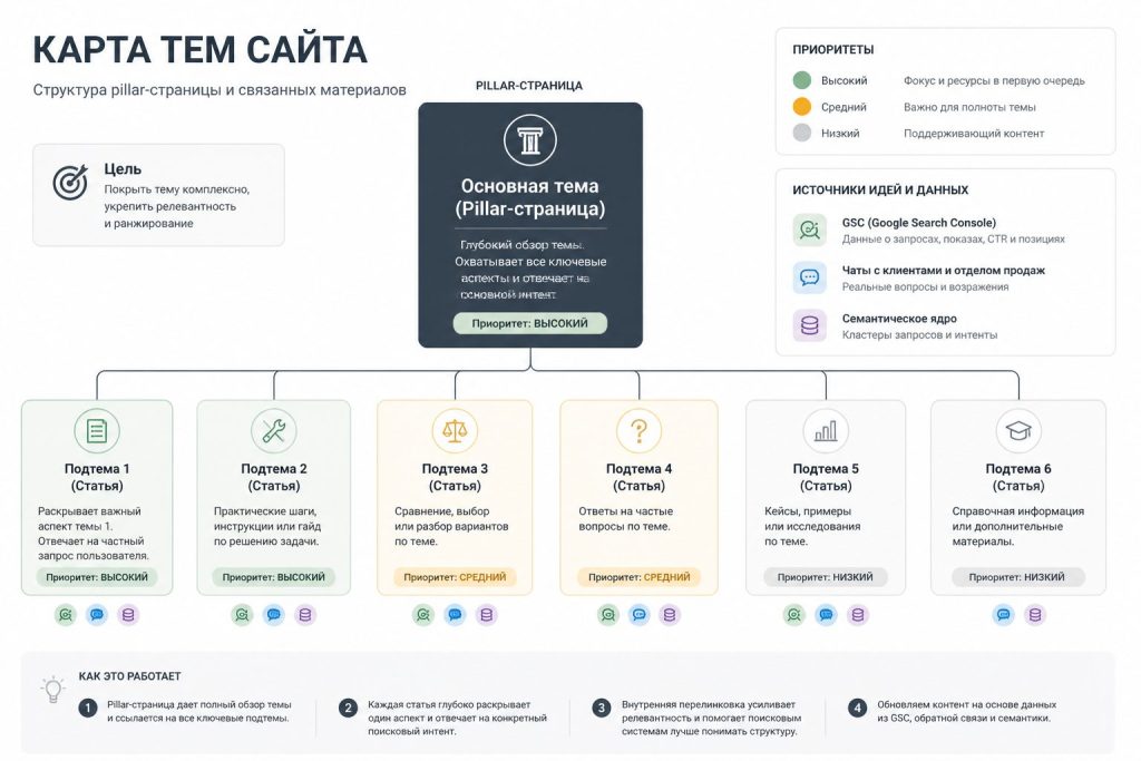Инфографика карта тем сайта с pillar page и дочерними статьями