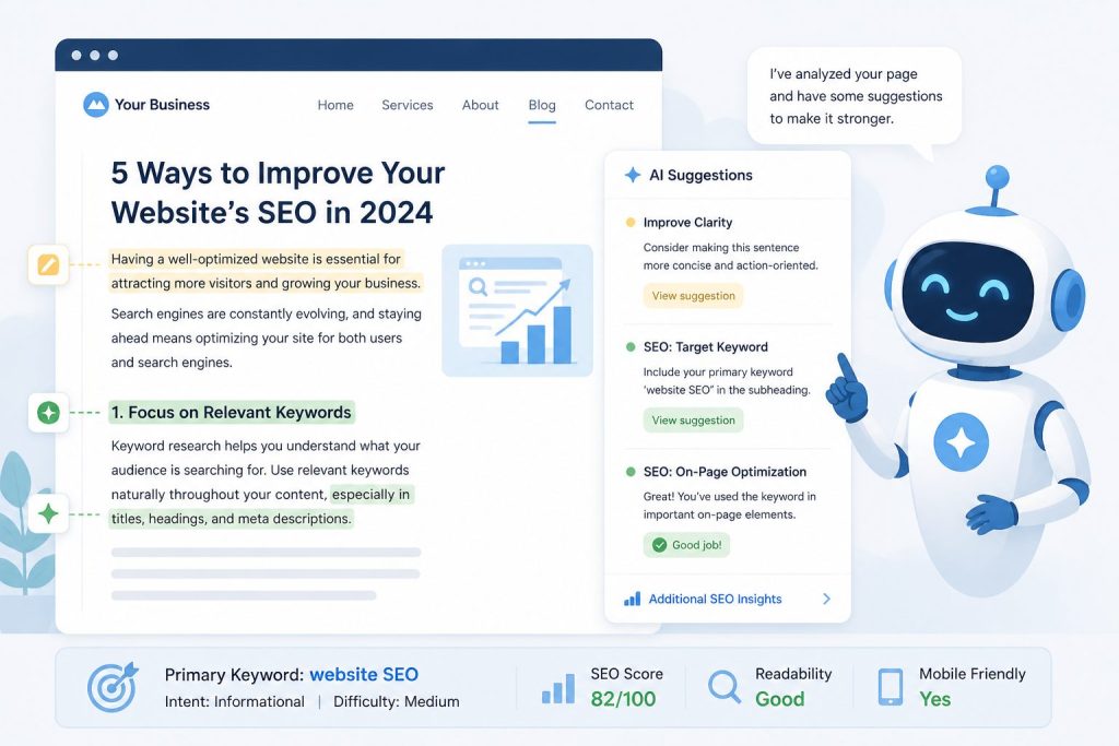 AI‑помощник предлагает правки статьи и оптимизацию для SEO