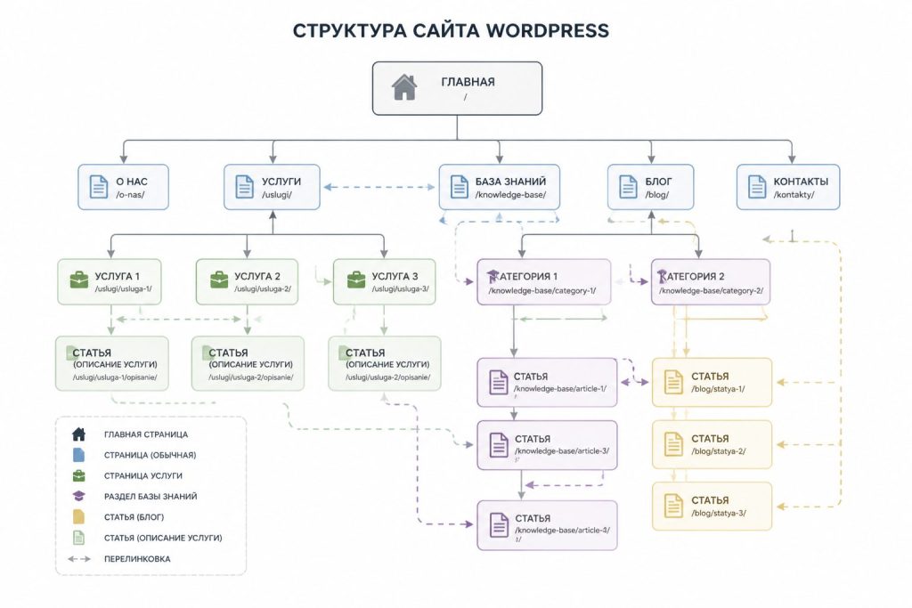 Схема структуры сайта WordPress с целевыми страницами