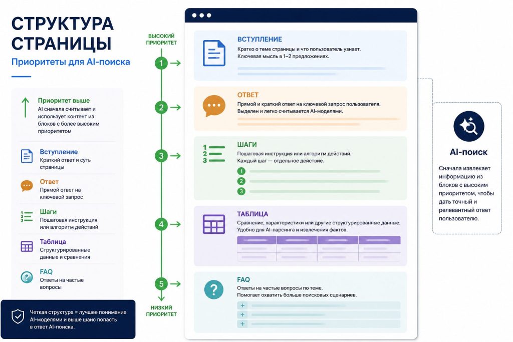 Структура страницы: ответ, шаги, FAQ для AI-поиска