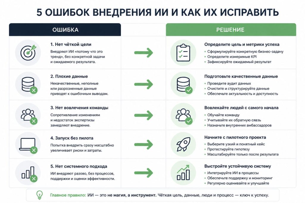 инфографика пять ошибок внедрения ИИ в бизнесе и способы исправления