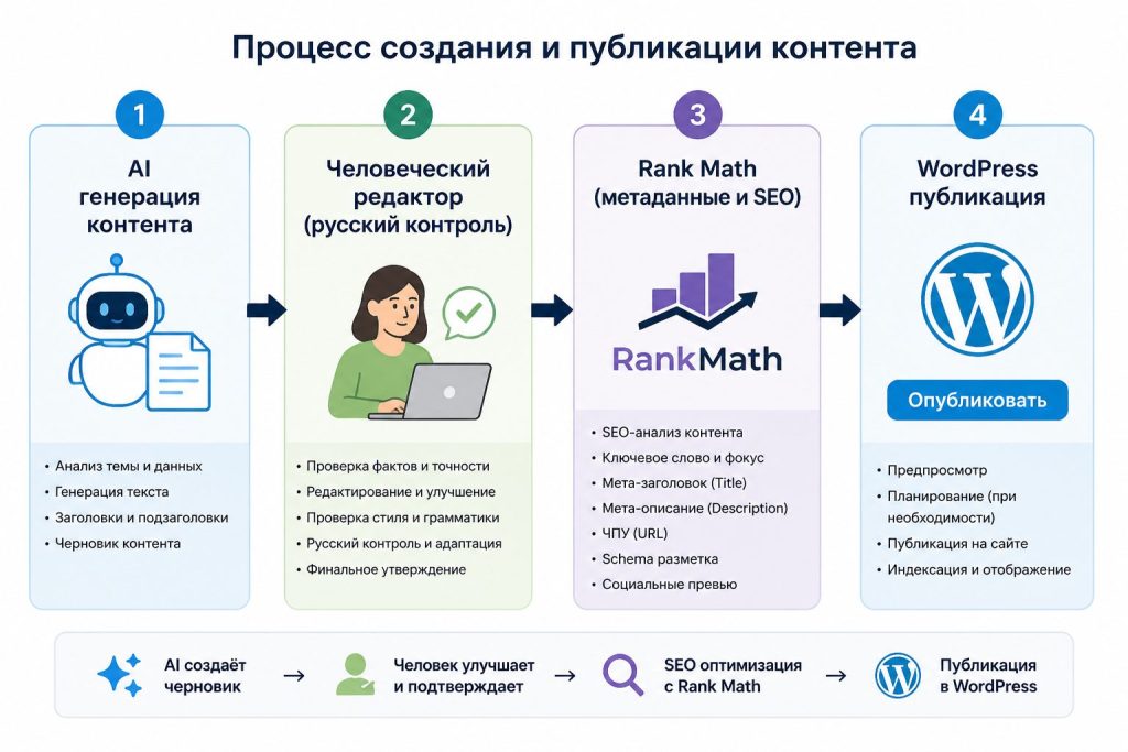 Схема процесса русский контроль AI-статей и публикация в WordPress