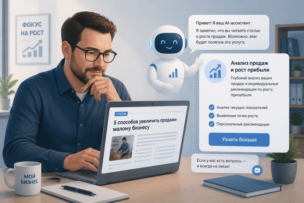 AI‑помощник предлагает релевантную услугу на странице статьи