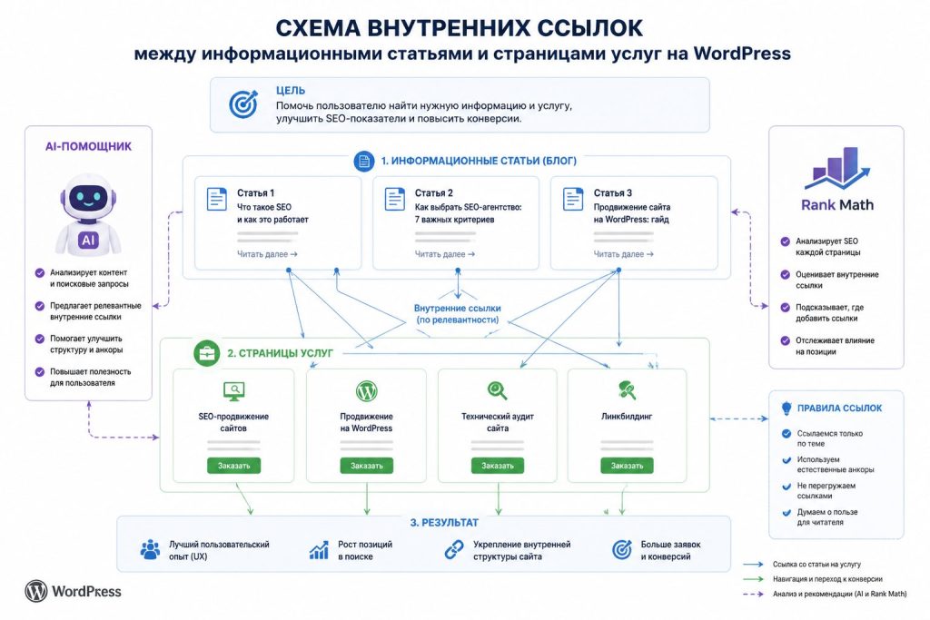 схема внутренних ссылок между статьями и страницами услуг