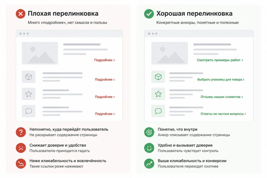 Сравнение плохой и хорошей перелинковки на сайте