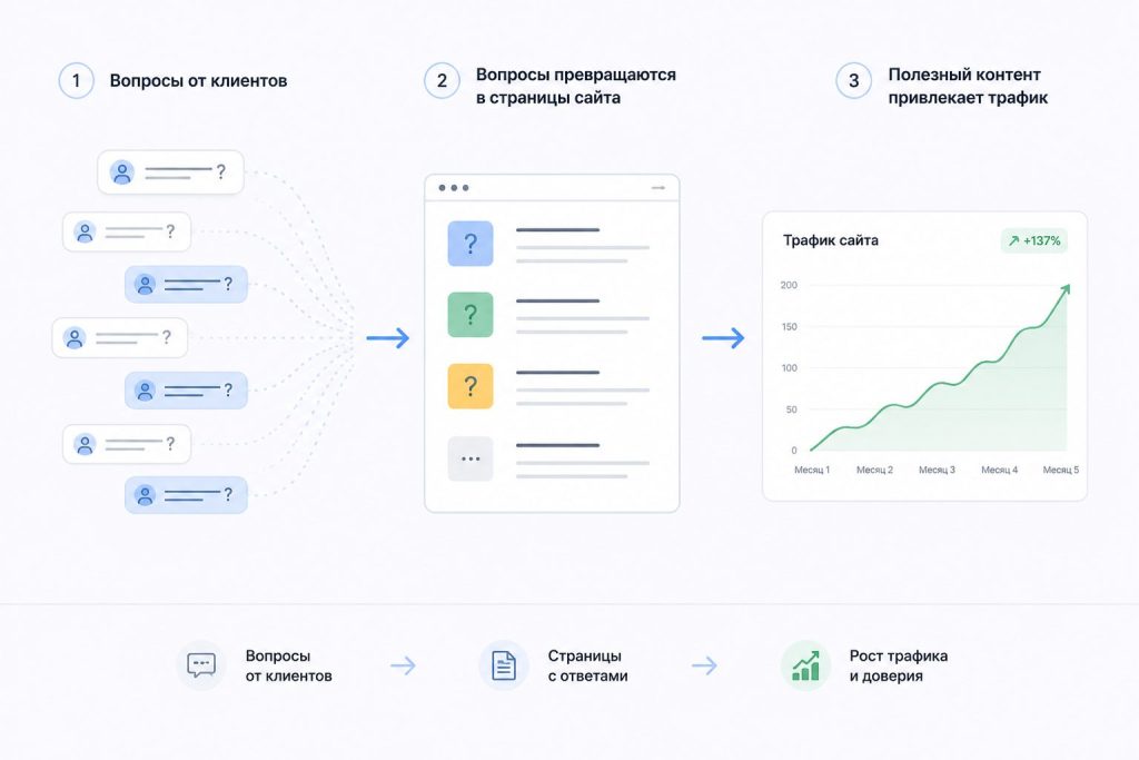 инфографика: вопросы клиентов превращаются в страницы и растут посещения