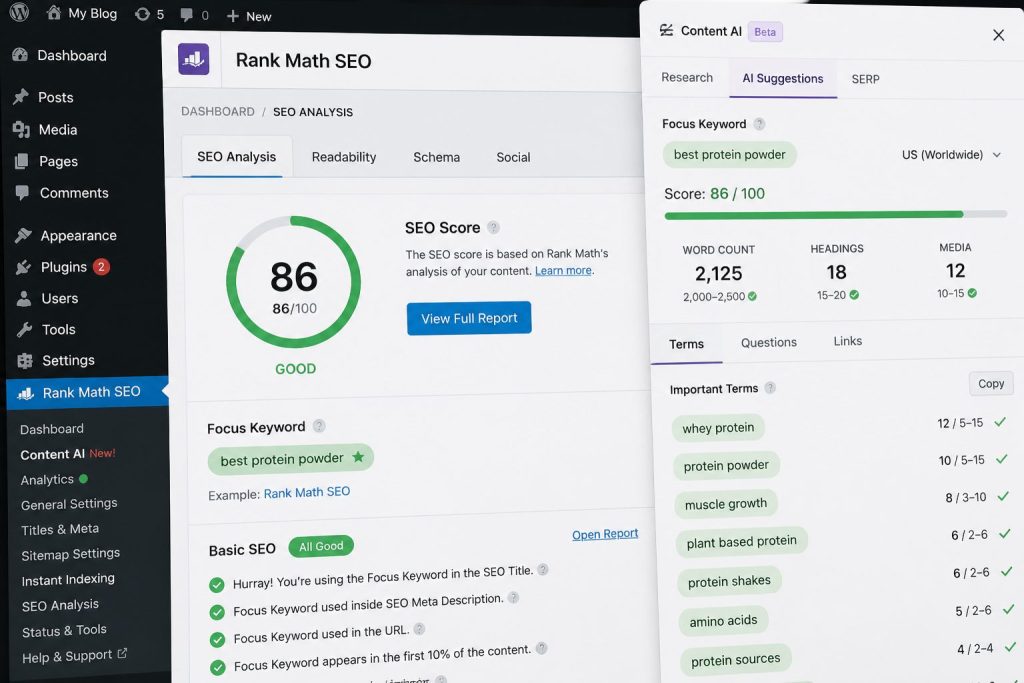 WordPress с Rank Math и AI-рекомендациями по контенту