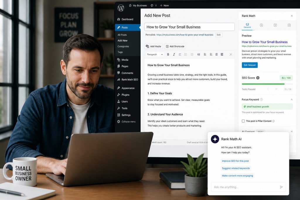 AI‑помощник в WordPress с Rank Math предлагает длину статьи владельцу бизнеса