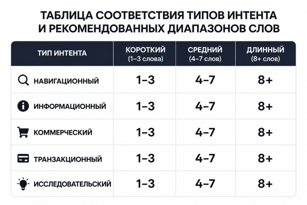 Таблица типов интента и рекомендованных диапазонов слов для статьи
