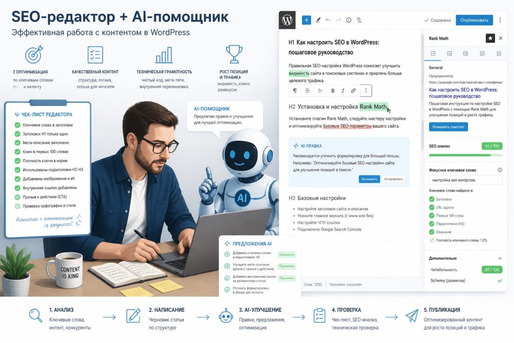 Редактор и AI-помощник проверяют текст с Rank Math в WordPress