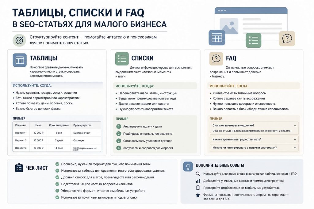 инфографика когда использовать таблицы и FAQ в SEO-статьях