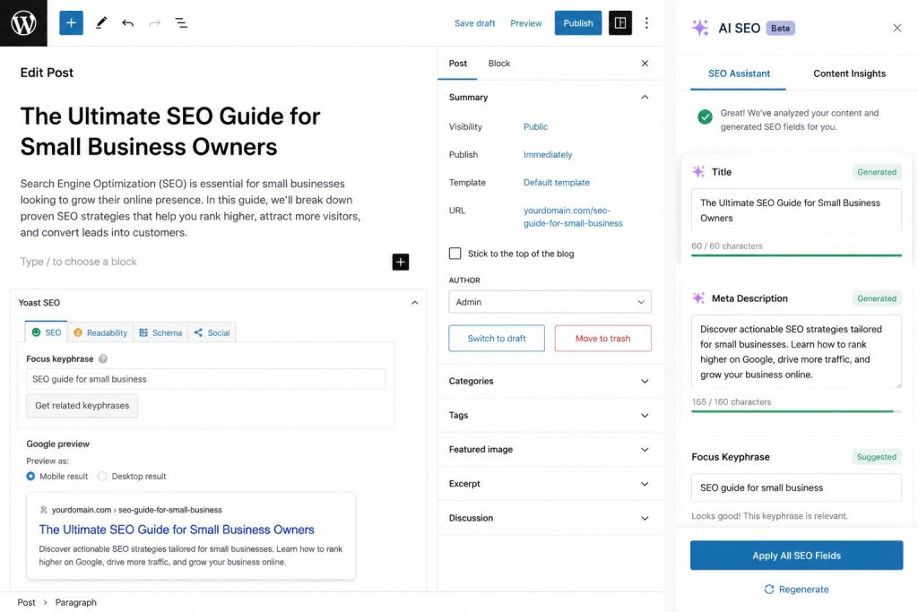 AI автозаполнение SEO полей WordPress — генерация title и meta description