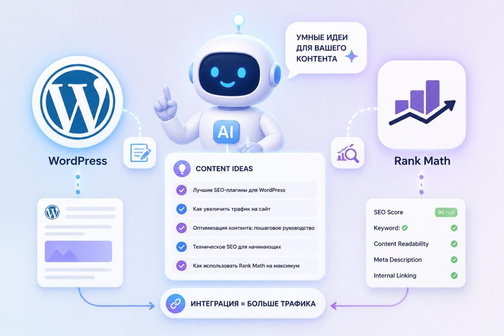 AI-ассистент интегрирован с WordPress и Rank Math для выбора тем