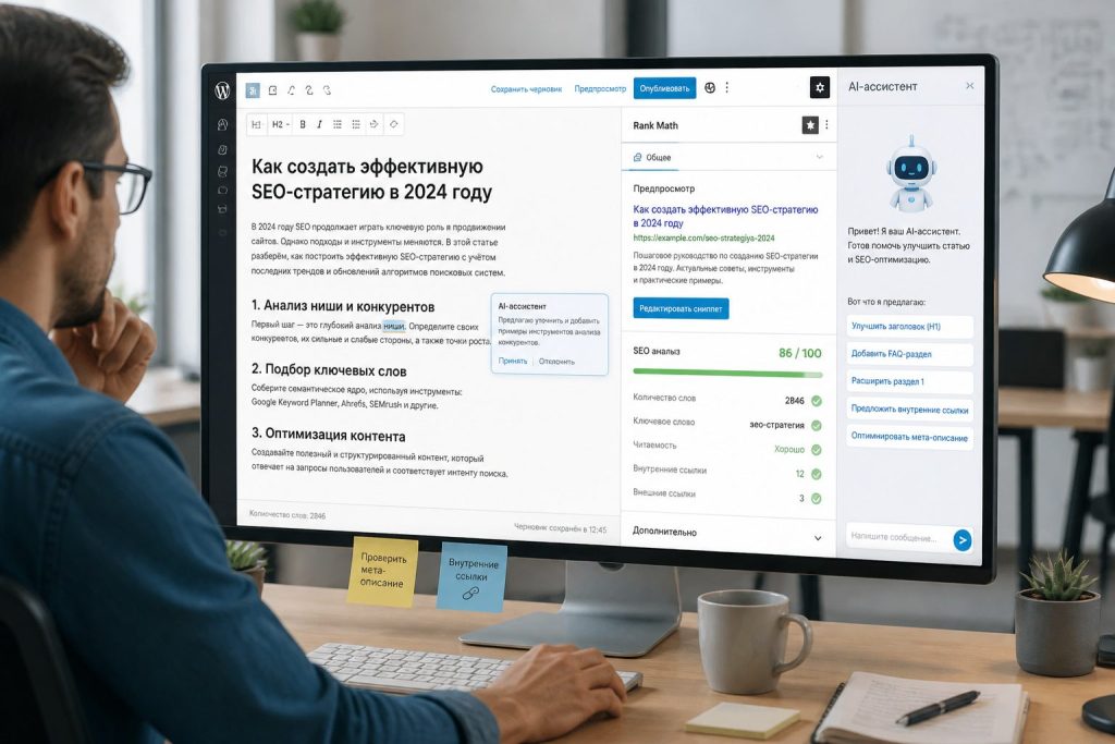 AI-редактор и AI-SEO редактируют статью в WordPress с Rank Math