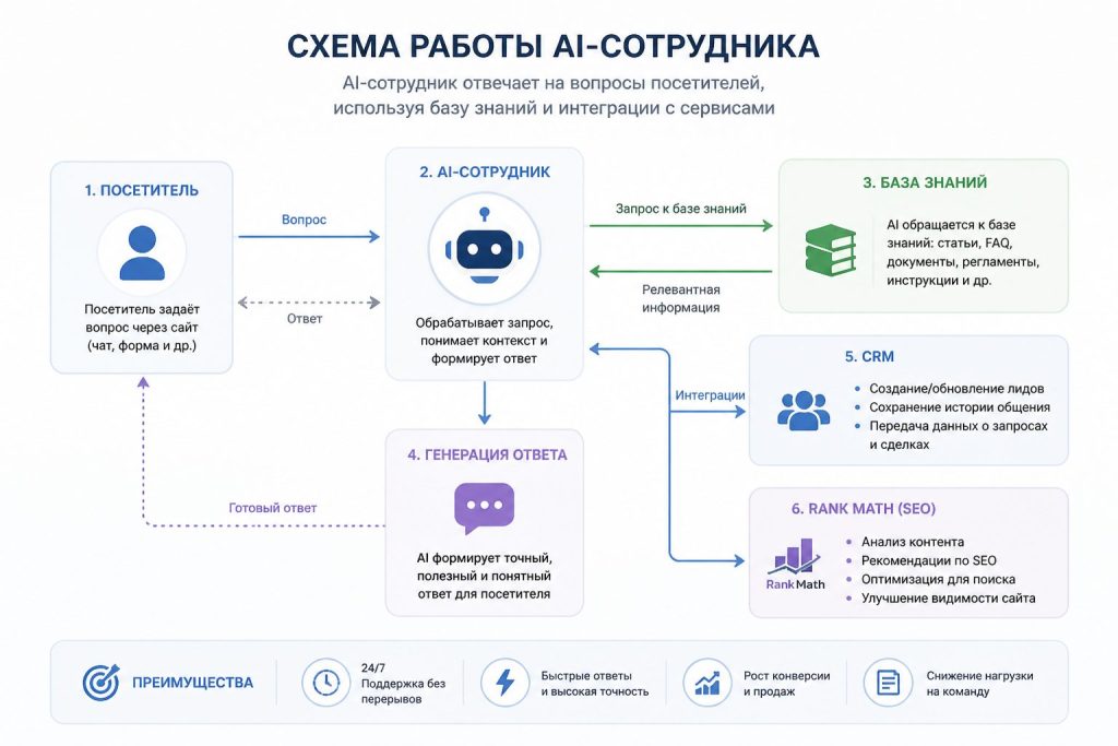 Диаграмма работы AI-ассистента: база знаний и интеграции