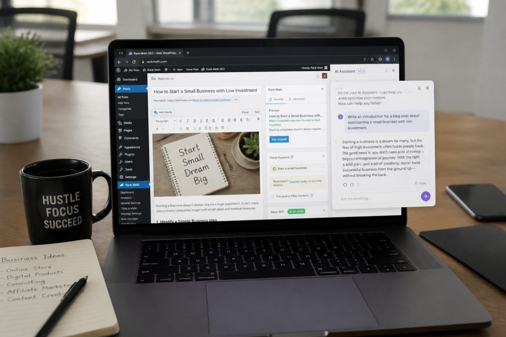 WordPress и Rank Math с AI-ассистентом на сайте